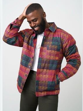 D'IYANU Men's African Print Quilted Shirt Jacket Purple Gold Green L NWT